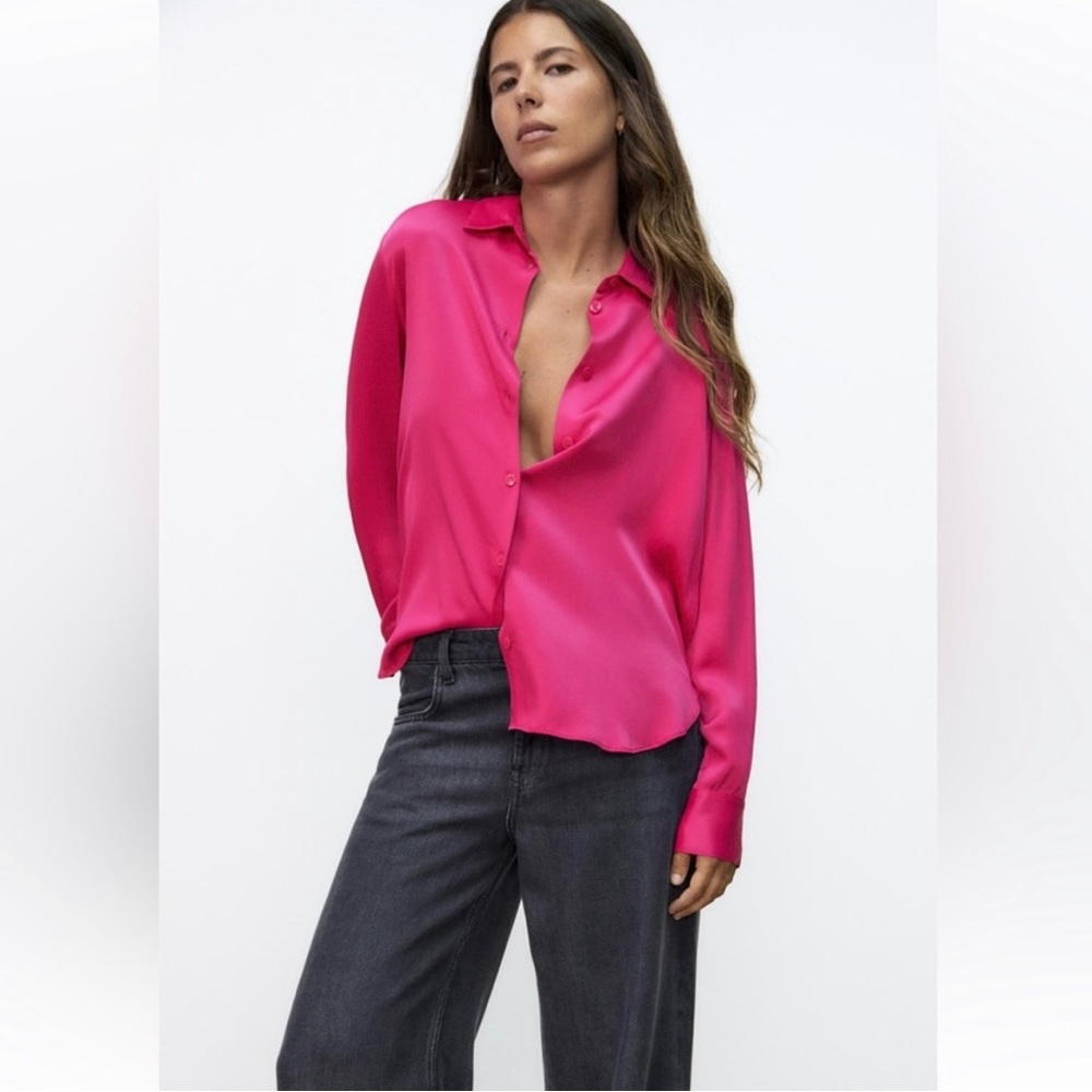 Zara hot pink button up satin blouse medium